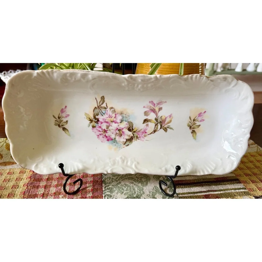Antique Porcelain Tray: Pink Azalea Flowers, Shell Scoll